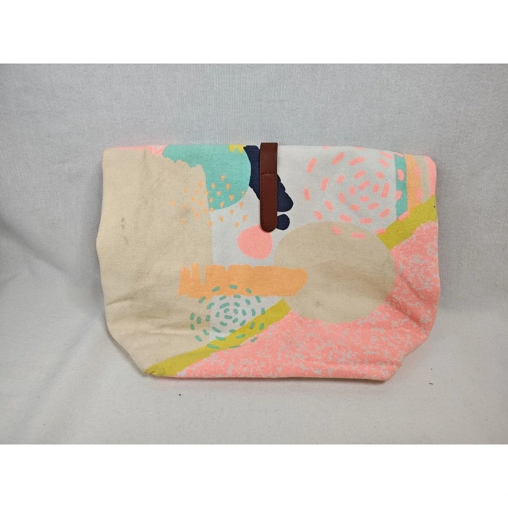 Benefit Canvas Makeup Bag Make-up Pouch Carrier Leather Strap‎ Pastel 12 X 8